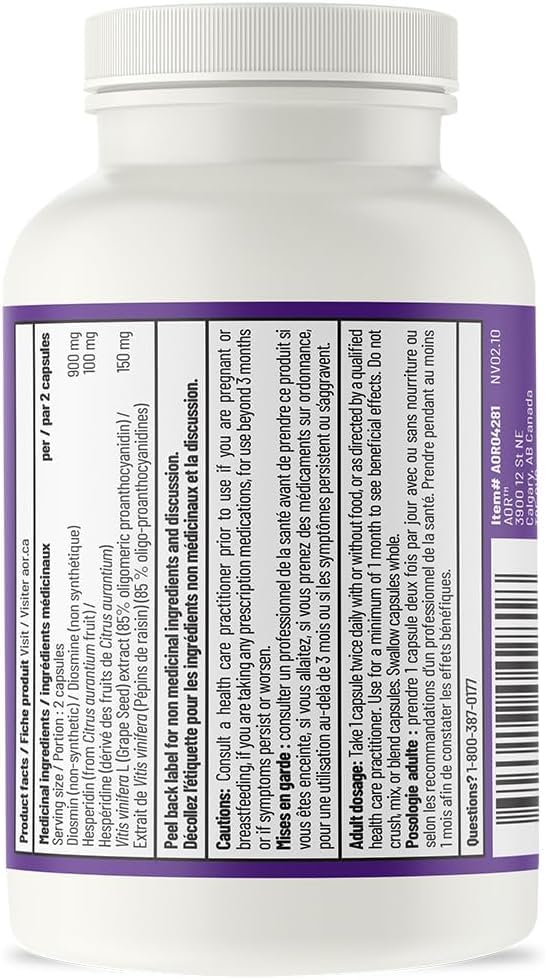 AOR VeinEase 575mg, 60 Vegan Caps 30-Day Supply - Diosmin Hesperidin Supplement, Vitis Vinifera & Grape Seed Extract for Comfortable Legs, Promotes Healthy Vein Function - Vegan, Non-GMO & Gluten-Free