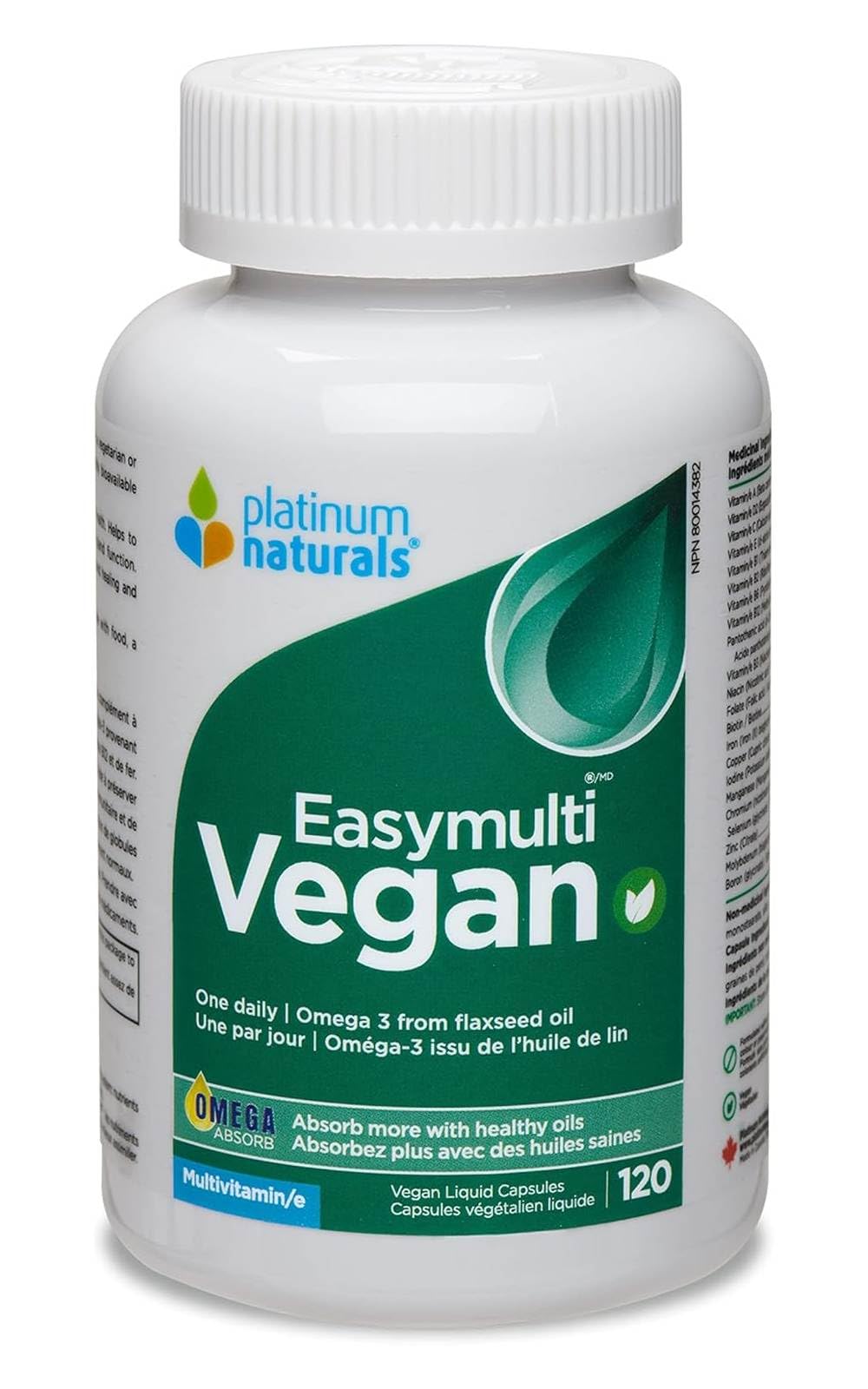 Platinum Naturals Easymulti Vegan - Complete Multivitamin for Men & Women, Includes Omega 3, Flaxseed Oil, Enriched with B1, B2, B3, B5, B6, B12, Vitamin C, Iron & Zinc