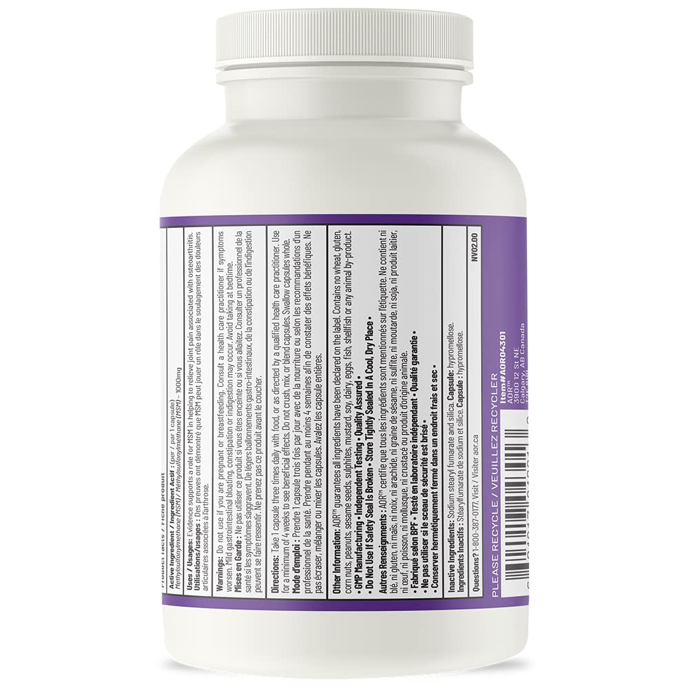 AOR MSM Joint Supplement, 1000 mg, 100 Vegan Capsules, Gluten Free, Non GMO