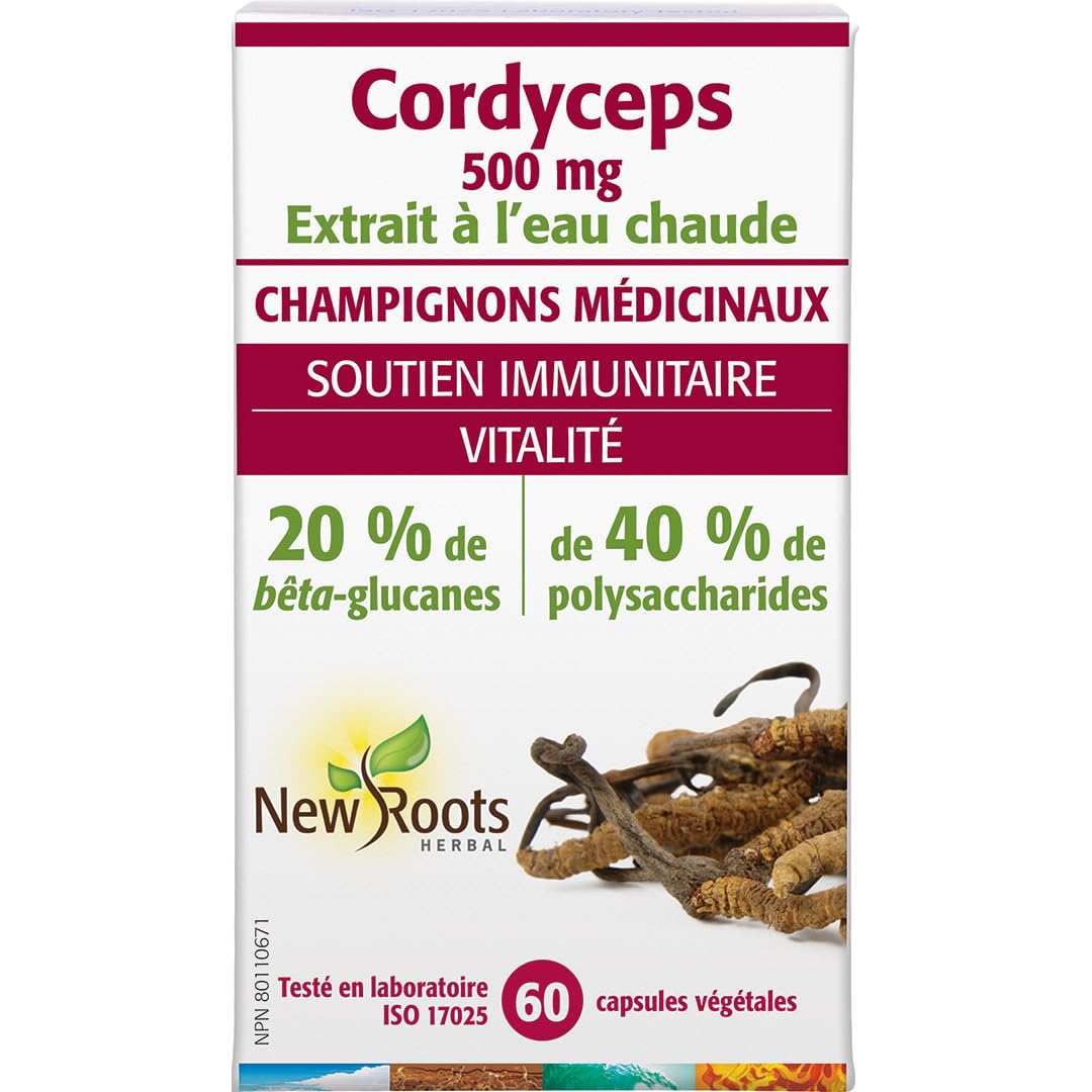New Roots Herbal Cordyceps Mushroom 500mg, 60 Veg Capsules, 60-Day Supply - Hot Water Extract - 40% Polysaccharides with 20% Beta-Glucans, Supports Vitality & Wellness - Non-GMO, Made in Canada
