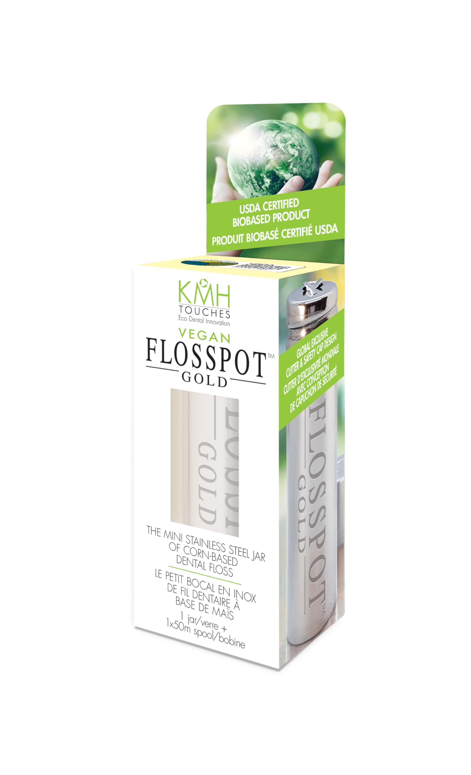 FLOSSPOT Vegan Gold Dental Floss | Mini Stainless Steel Jar - 50m | Eco-Friendly PLA & Candelilla Wax Coating | Ginger-Mint Flavor