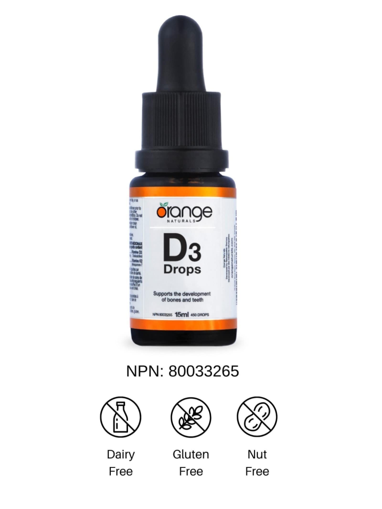 Orange Naturals - Gouttes de vitamine D3 - Saveur naturelle d'orange liquide - 400 UI pour enfants - 15 ml - Gouttes liquides de cholécalciférol vitamine D3 - Soutien pour la santé des os, des dents et du système immunitaire