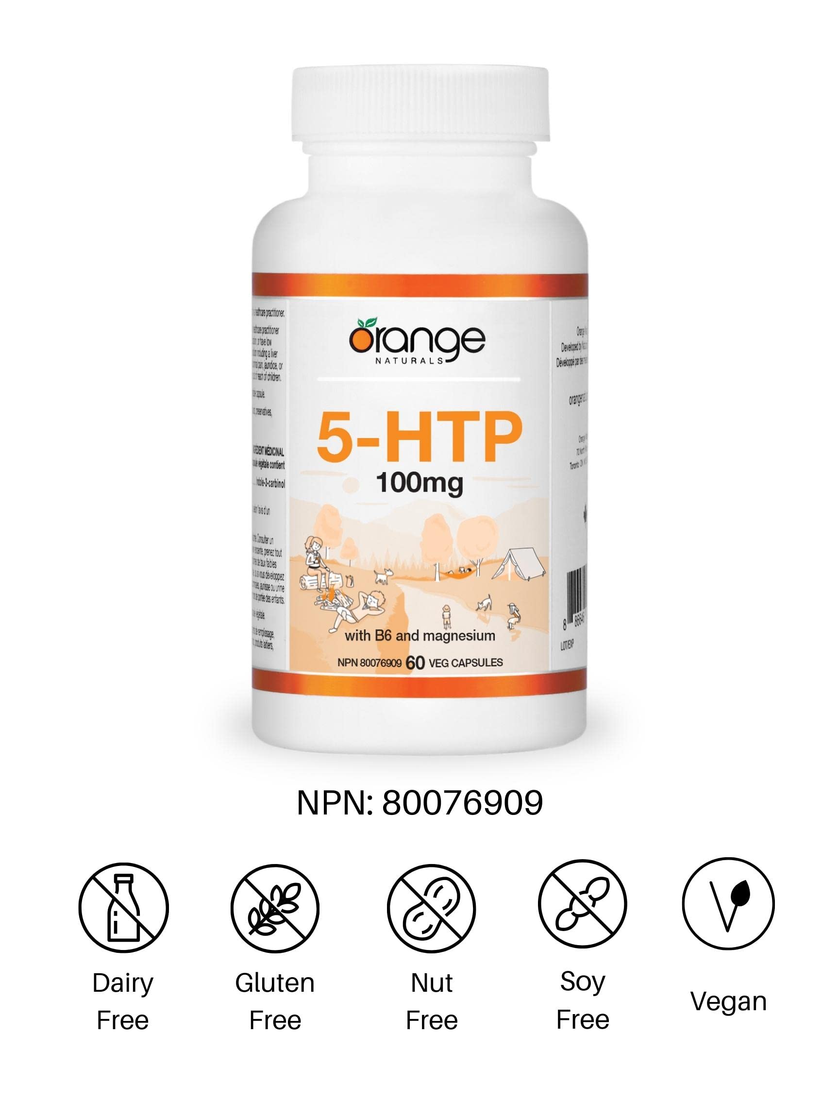 Orange Naturals - 5-HTP with Vitamin B6 & Magnesium 100mg 60 Capsules - Migraine Headache Relief, Mood Support, Relaxation and Sleep Support Supplement