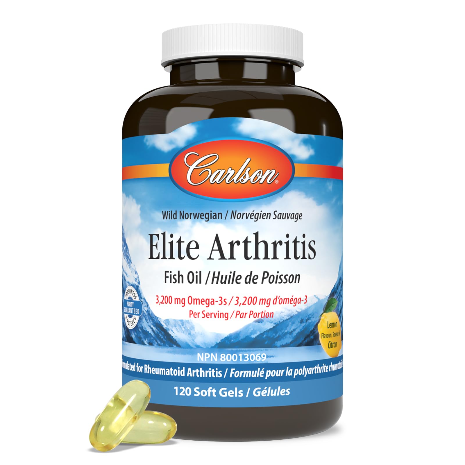 Carlson - Arthrite Élite | 3 200 mg d'oméga-3 avec EPA et DHA | Favorise la santé et la mobilité des articulations | Huile de poisson saveur citron | Pêche sauvage | 120 gélules