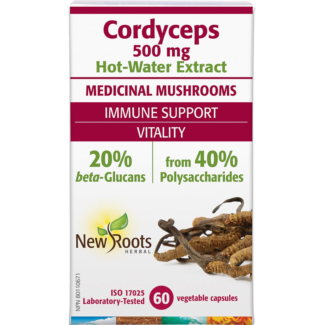 New Roots Herbal Cordyceps Mushroom 500mg, 60 Veg Capsules, 60-Day Supply - Hot Water Extract - 40% Polysaccharides with 20% Beta-Glucans, Supports Vitality & Wellness - Non-GMO, Made in Canada