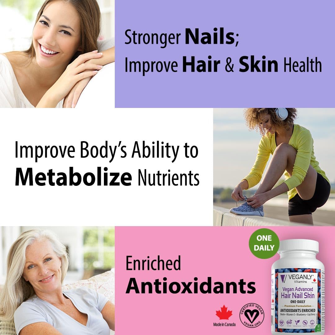 VEGANLY Vegan Advanced Hair Nail Skin One-Daily. Canadian. 60 Veggie Capsules - Enriched Antioxidant Supplement - Improve Hair, Improve Skin Health and Nail Health - Plant Based with Biotin & Natural Superfood (NPN80085546)