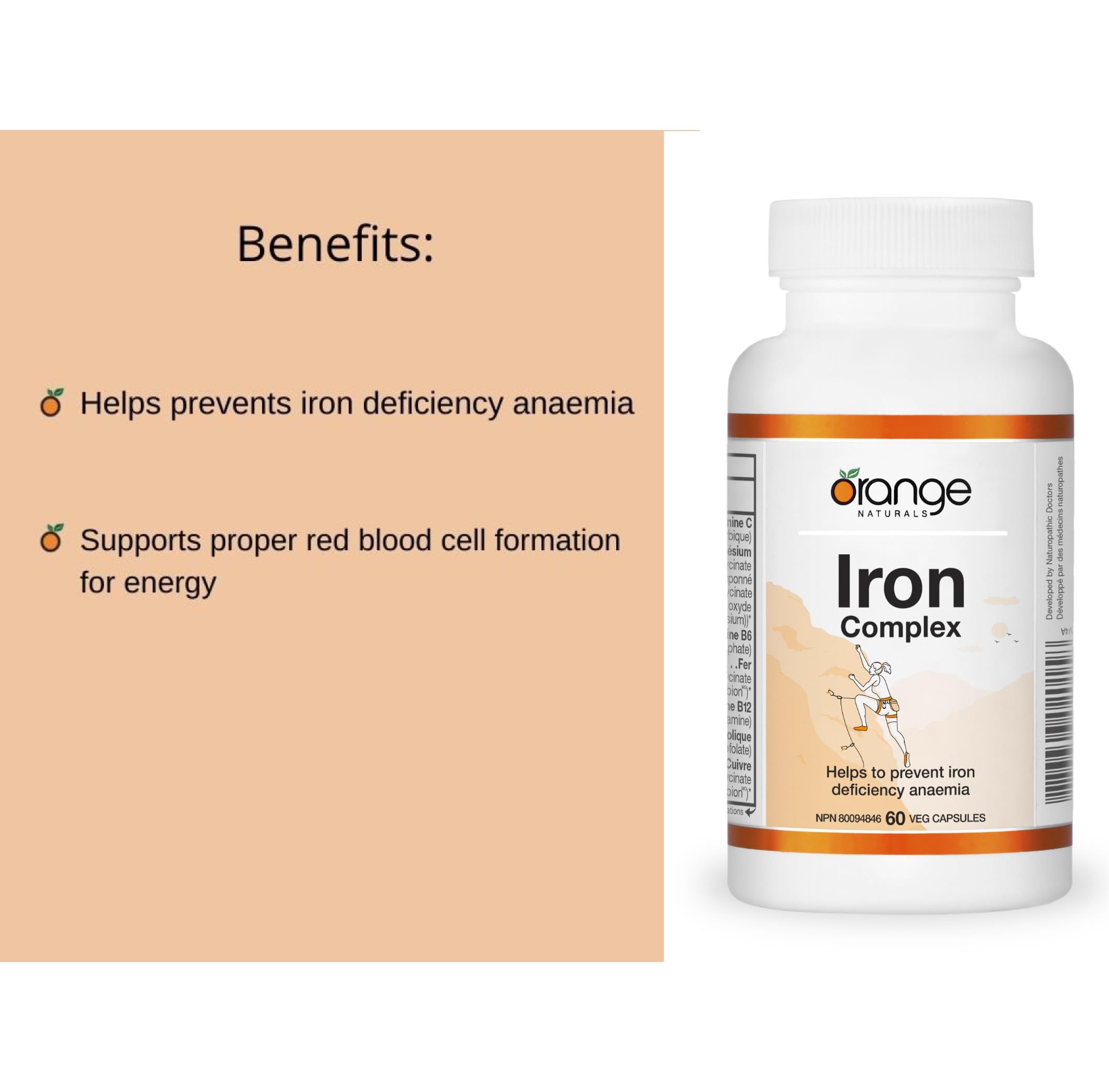 Orange Naturals Complexe de Fer, 60 capsules végétales, pour 60 jours - Végan, sans OGM, sans soja et sans gluten - Bisglycinate de fer doux avec vitamine C, B6, B12 et acide folique, complément de fer facile à digérer