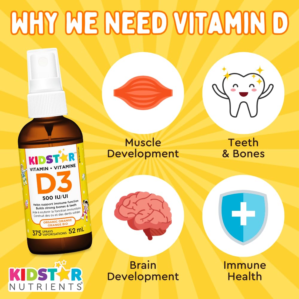 KidStar Nutrients - Vitamin D3 Spray 500 IU, 52ml Liquid 375-Servings, Organic Orange Flavour - Cholecalciferol Vitamin D3 with Calcium for Bone Health, Teeth Health & Immune System Support - No-Sugar