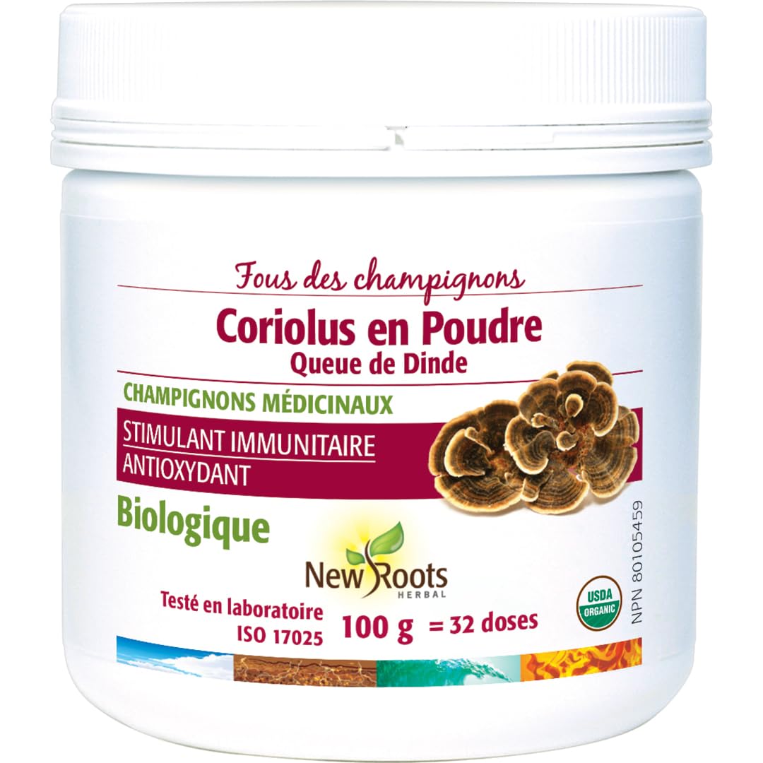 New Roots Herbal Coriolus en poudre, queue de dinde, 100g, 32 portions, extrait de corps fructifère biologique à l'eau chaude - Supplément pur à base de champignons, soutient le bien-être quotidien, l'énergie et la vitalité - Sans OGM, fabriqué au Canada