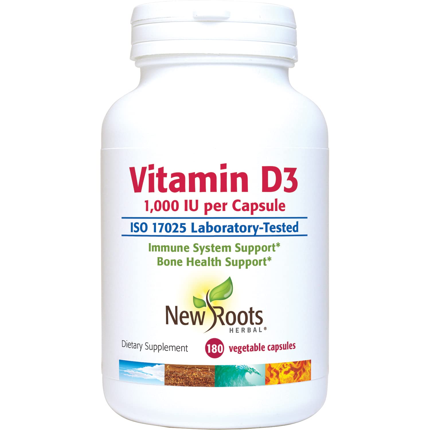 New Roots Herbal Vitamine D3 1000 UI, 180 capsules végétales, approvisionnement de 6 mois, aide au développement et au maintien des os et des dents, vitamine D3 pour l'absorption du calcium et le soutien osseux - Sans OGM et sans agents de conservation