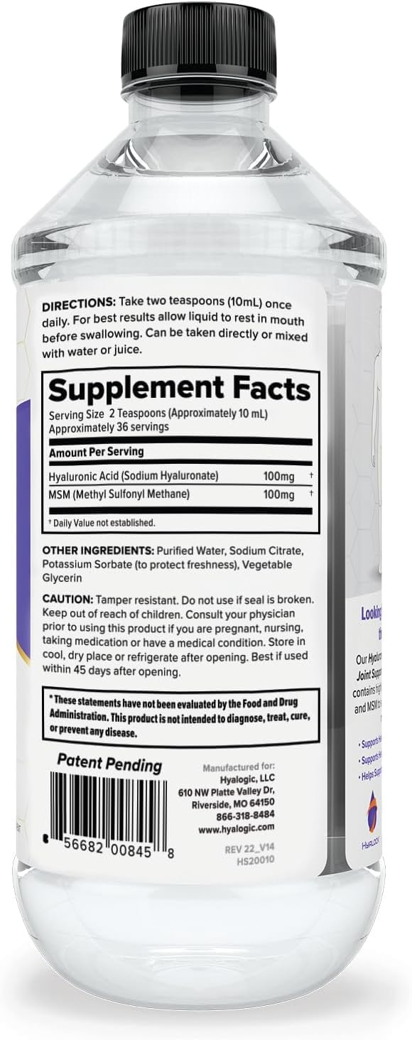 Hyalogic Hyaluronic Acid Joint Support Supplement (12 oz) Advanced Formula Joint Supplement – MSM & 100 mg Hyaluronic Acid Supplements – Joint Supplements for Women & Men for Overall Joint Health