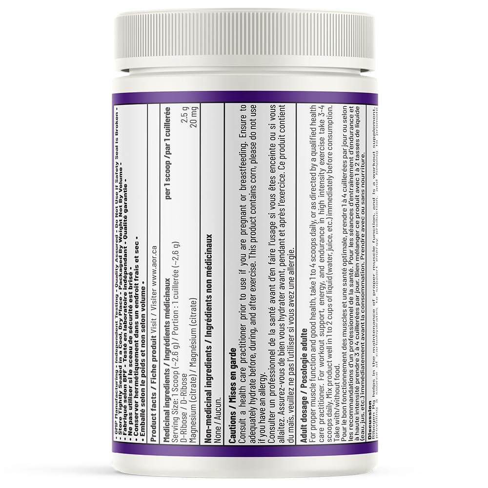 AOR Ribogen Mg 263g 105 portions – Poudre de citrate de magnésium avec D-Ribose, favorise les niveaux d'énergie et la performance physique, améliore la fonction musculaire, la récupération et la santé osseuse – Végétalien, sans OGM et sans gluten
