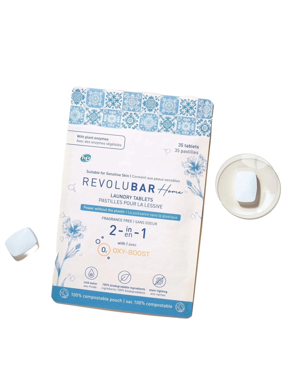 REVOLUBAR Automatic Laundry Detergent Tablets, Plastic-Free Washing Machine Cleaner & Deodorizer with Plant Enzymes, Easy to Use Laundry Machine Cleaning Tabs, 35 pcs