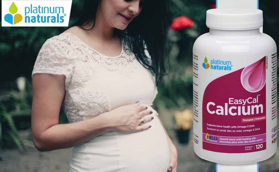 Platinum Naturals EasyCal Calcium Prénatal 120 gélules, supplément de calcium prénatal essentiel avec Oméga 3 DHA pour femmes enceintes, soutient la santé des os et des dents, soutient le développement fœtal, oculaire et cérébral