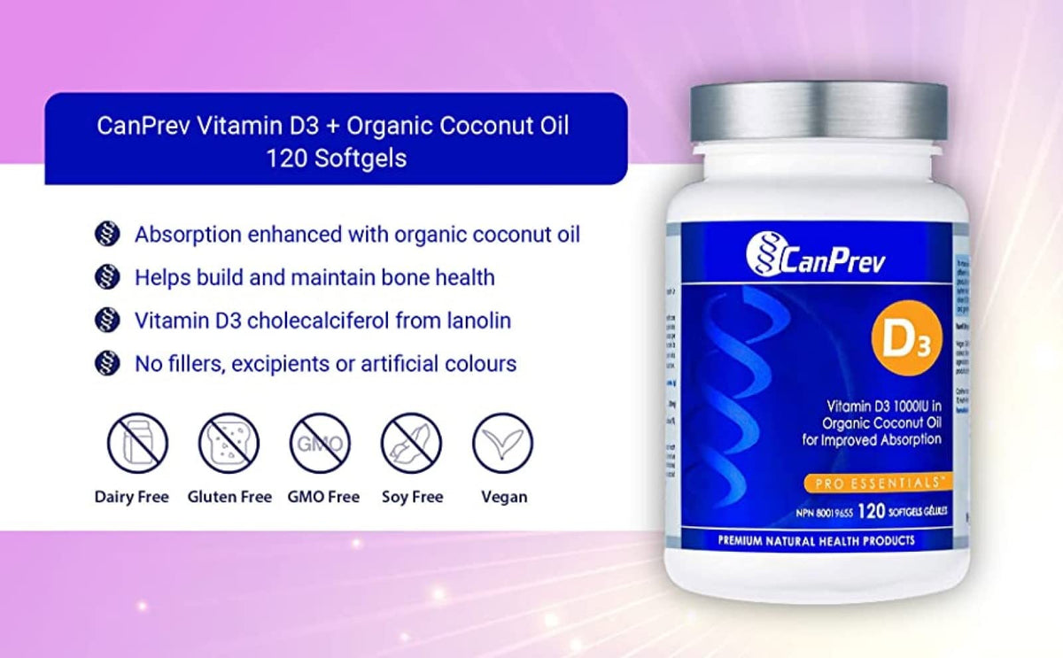 CanPrev Vitamin D3 1000 IU Softgels, Organic Virgin Coconut Oil, 120 Count