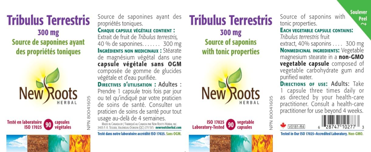 New Roots Herbal Tribulus Terrestris 300 mg, 90 capsules, approvisionnement de 30 jours - Source de saponines aux propriétés toniques, supplément sans stimulant pour hommes, soutient l'énergie, la vitalité et la performance, sans OGM