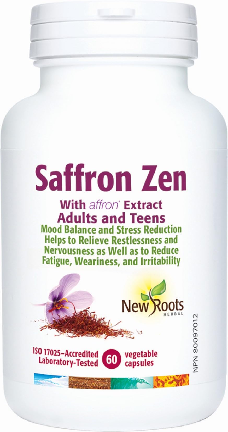 New Roots Herbal Saffron Zen, extrait d'Affron pour l'équilibre émotionnel et la relaxation, soulage l'agitation, calme mental, sans OGM, 60 capsules végétales pour 30 jours