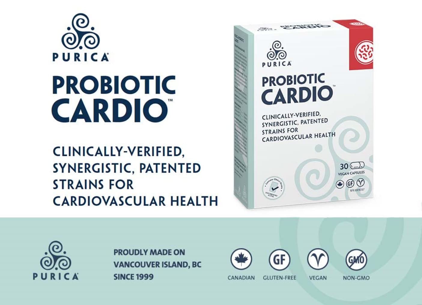 PURICA - Probiotic Cardio Formula, 30 Vegan Capsules 30-Day Supply - Supports Heart Function and Overall Cardiovascular Health - Support Gastrointestinal Health - Non-GMO and Gluten-Free