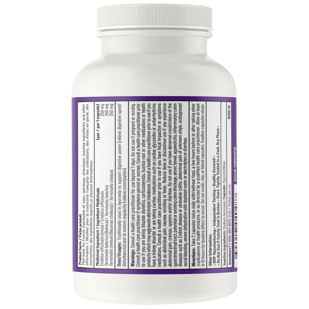 AOR Triphlax 750mg 100 gélules – Complément ayurvédique Triphala pour la santé digestive, la régularité intestinale et le nettoyage du côlon, sans gluten, sans OGM et végétalien – Extraits d'Haritaki, d'Amla et de Bibhitaki