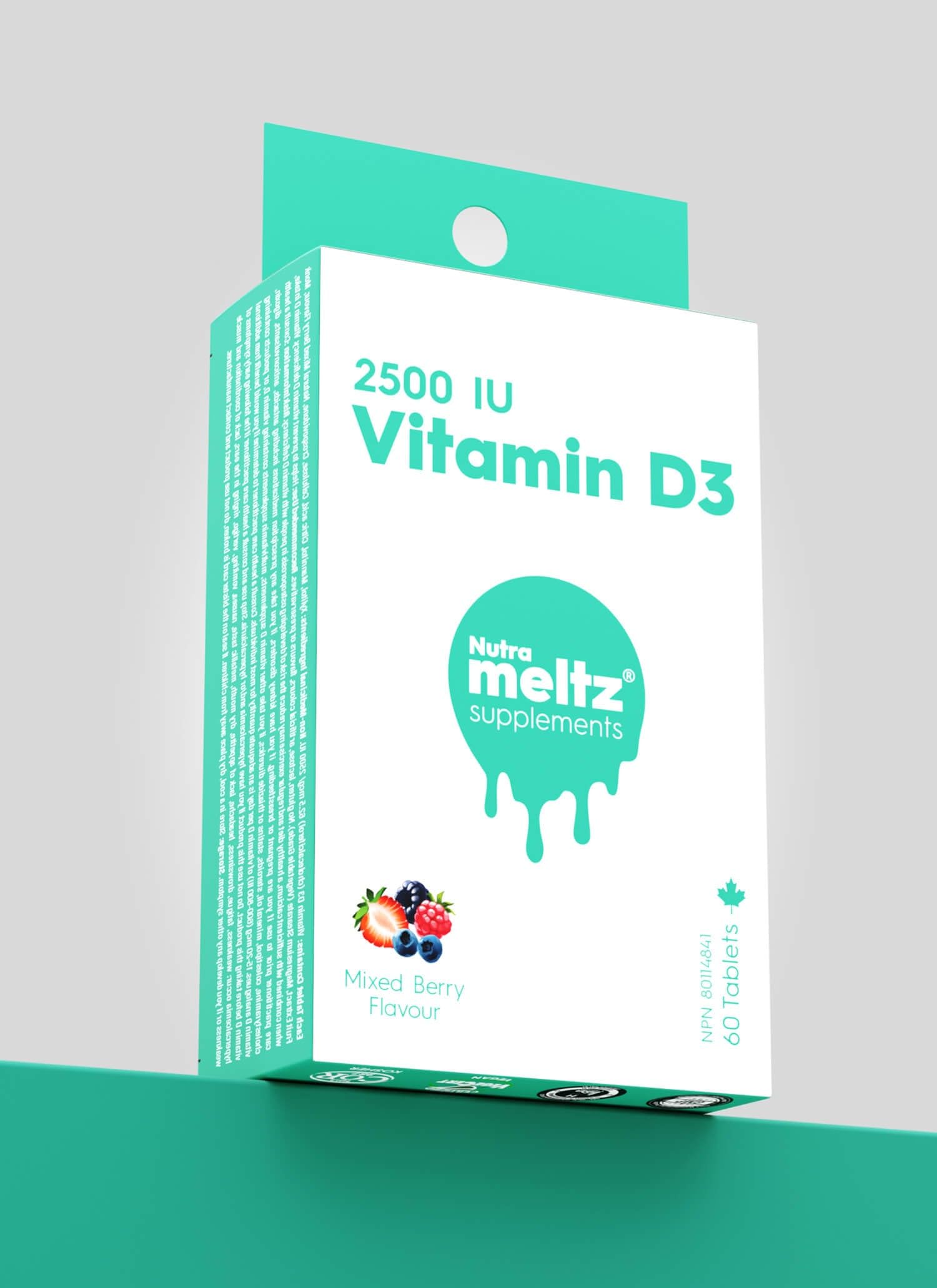 Nutrameltz Vitamin D3 2500 IU, 60 Quick-Dissolve Tablets with Mixed Berry Flavor 60-Day Supply - Melt-in-Mouth Supplement for Adults - Travel-Friendly - Sugar, Soy, Dairy & Gluten-Free - Canadian Made