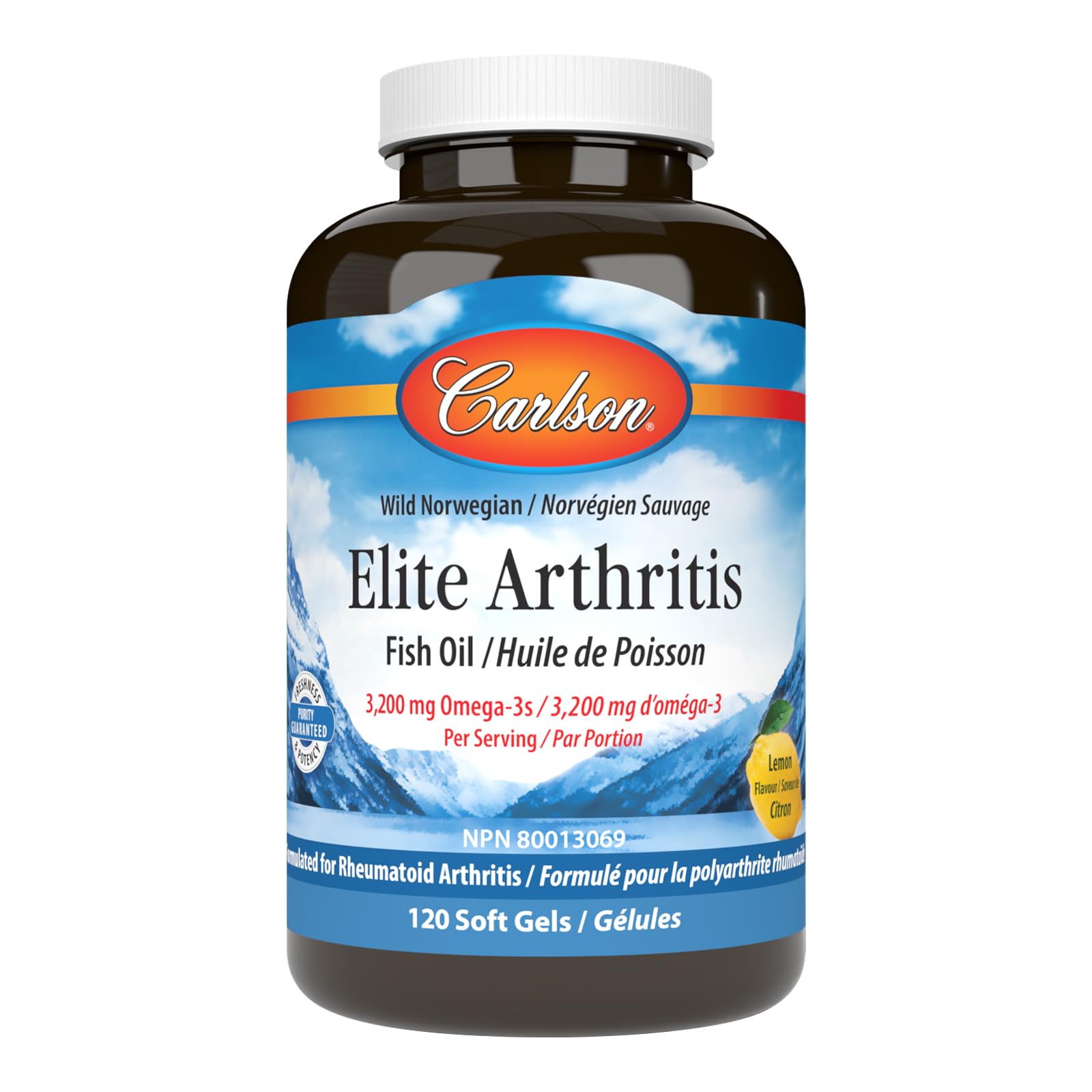 Carlson - Arthrite Élite | 3 200 mg d'oméga-3 avec EPA et DHA | Favorise la santé et la mobilité des articulations | Huile de poisson saveur citron | Pêche sauvage | 120 gélules