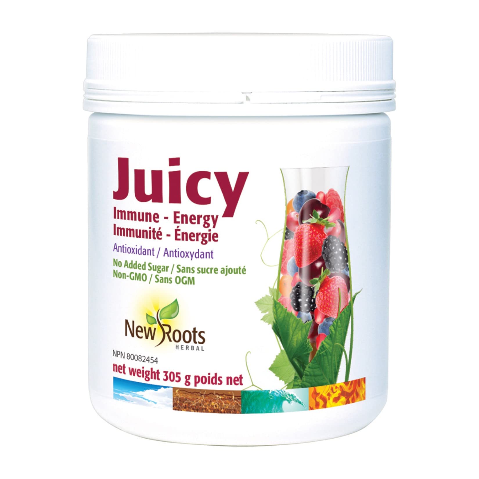 New Roots Herbal - Juicy Immunité + Énergie, poudre 305 g, 30 portions - 8 baies biologiques + 20 nutraceutiques - Antioxydants pour le maintien d'une bonne santé - Sans OGM, sans gluten et sans sucre ajouté