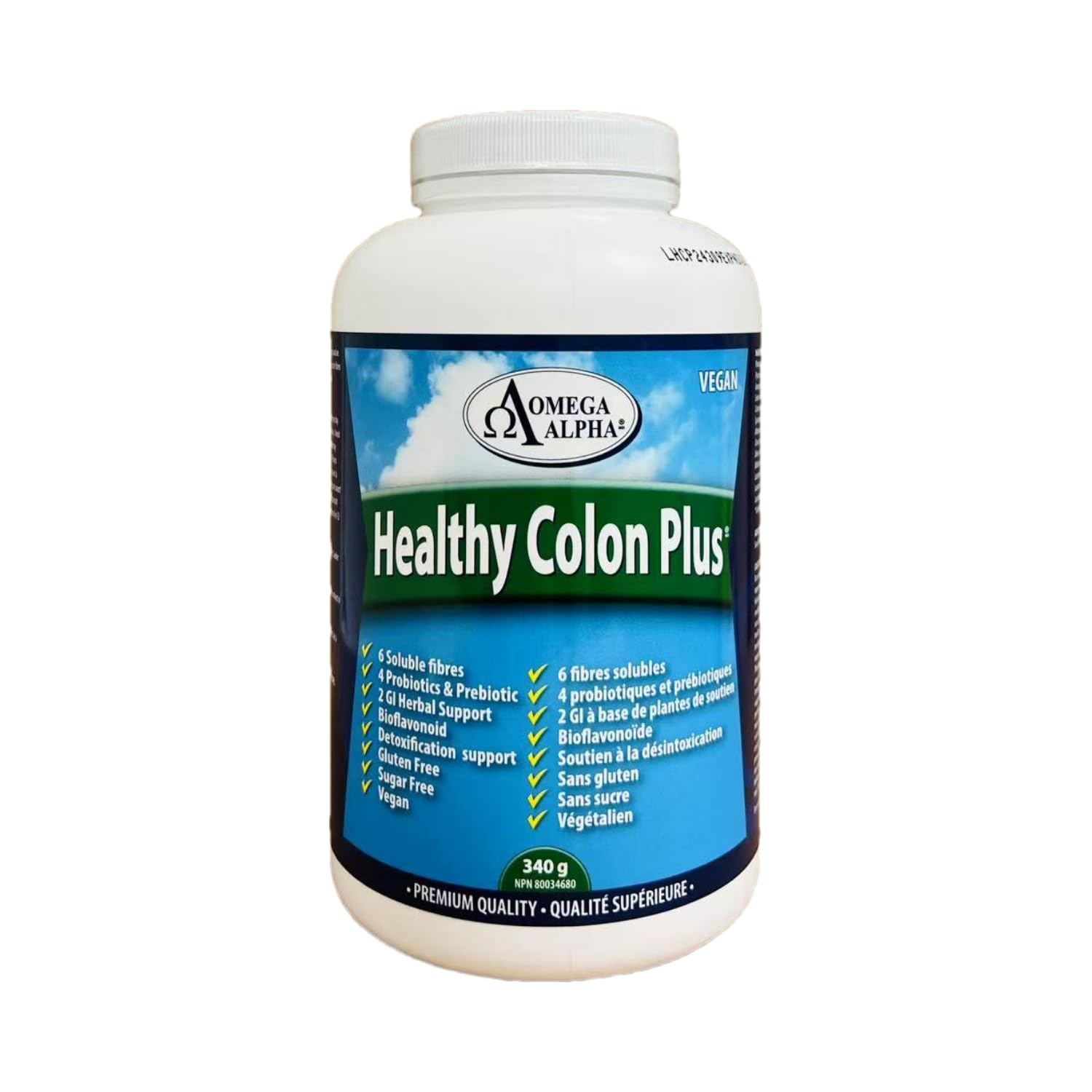 Omega Alpha Healthy Colon Plus, Support Gut Health Regularity & Bowel Movement, Psyllium Husk & Fibre Powder Blend, 340g Jar 56 Servings, Vegan Formula