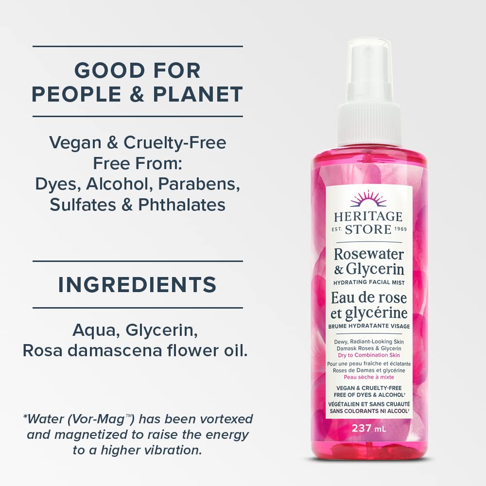 Heritage Store Eau de Rose et Glycérine | Brume Hydratante Visage | Retient l'Hydratation pour une Peau Éclatante | Vegan et Non Testé sur les Animaux | Sans Alcool ni Parabènes | 237 ml, Transparent