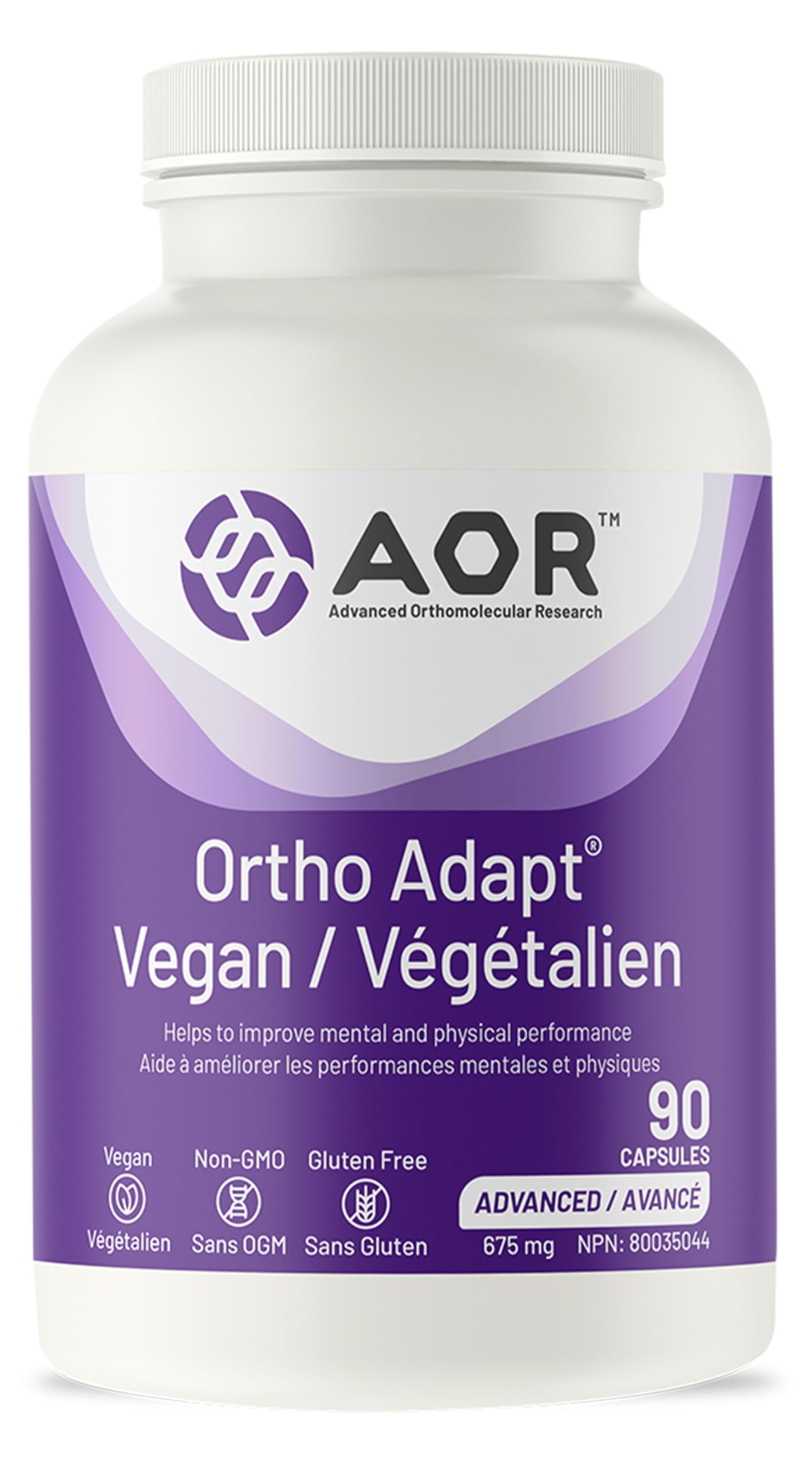 AOR Ortho Adapt Vegan 675mg, 90 gélules (45 jours) - Soutient l'énergie, contient de l'ashwagandha, de la rhodiola rosea, du ginseng sibérien et de la vitamine C - Adaptogènes pour améliorer les performances physiques et mentales