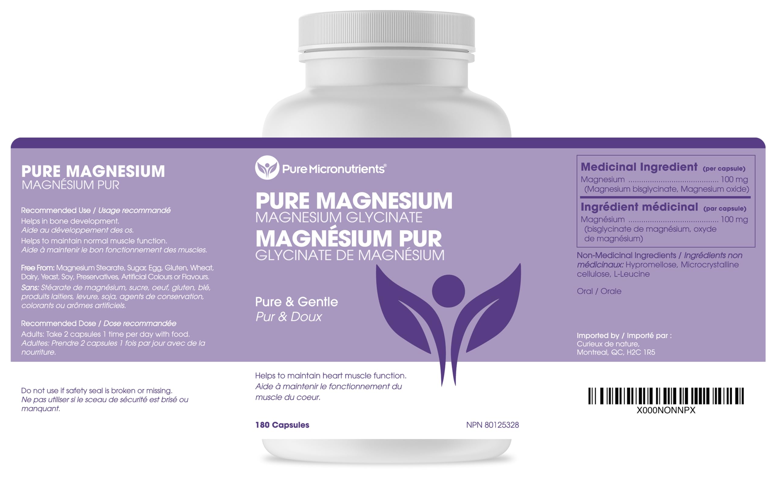 Supplément de glycinate de magnésium (chélate) Pure Micronutrients 200 mg, 180 gélules