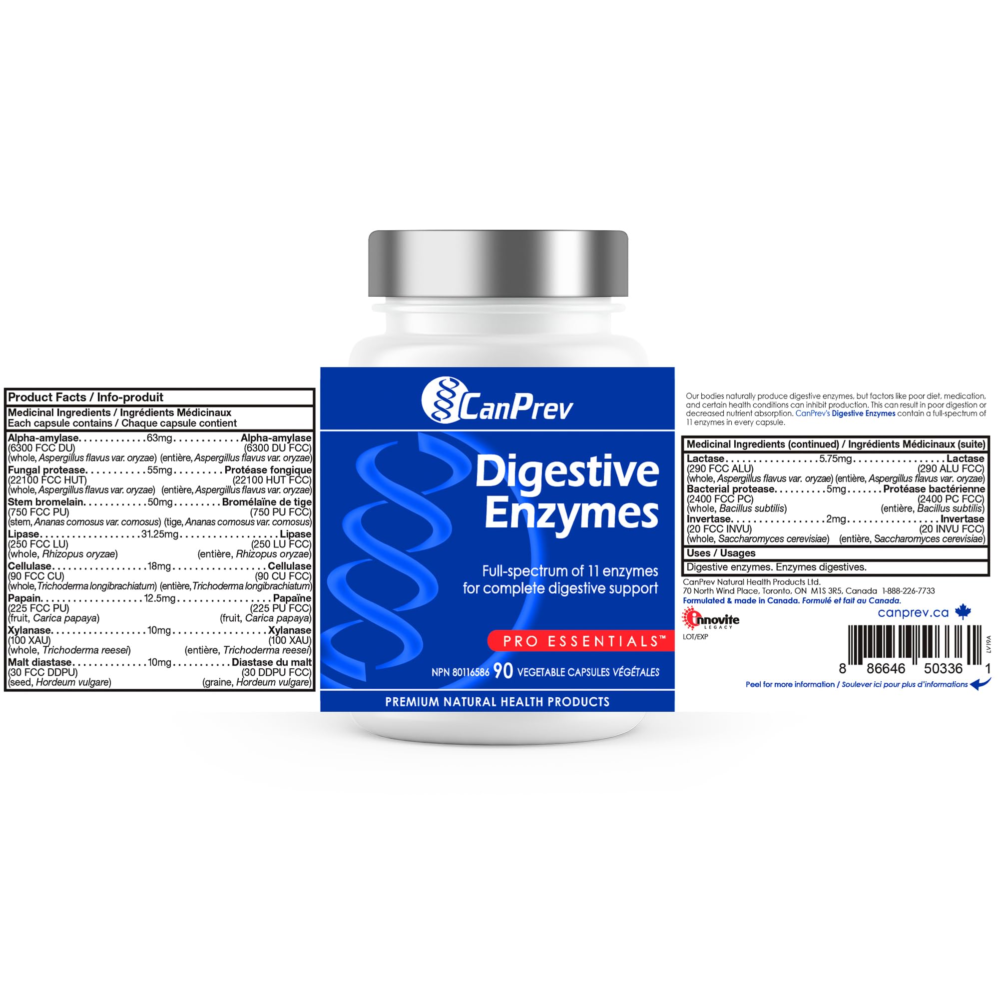 CanPrev - Complément d'enzymes digestives, 90 capsules (approvisionnement de 30 jours) - Spectre complet de 11 enzymes digestives pour les gaz intestinaux, la digestion, l'indigestion et le soulagement des ballonnements - Aide à décomposer les protéines