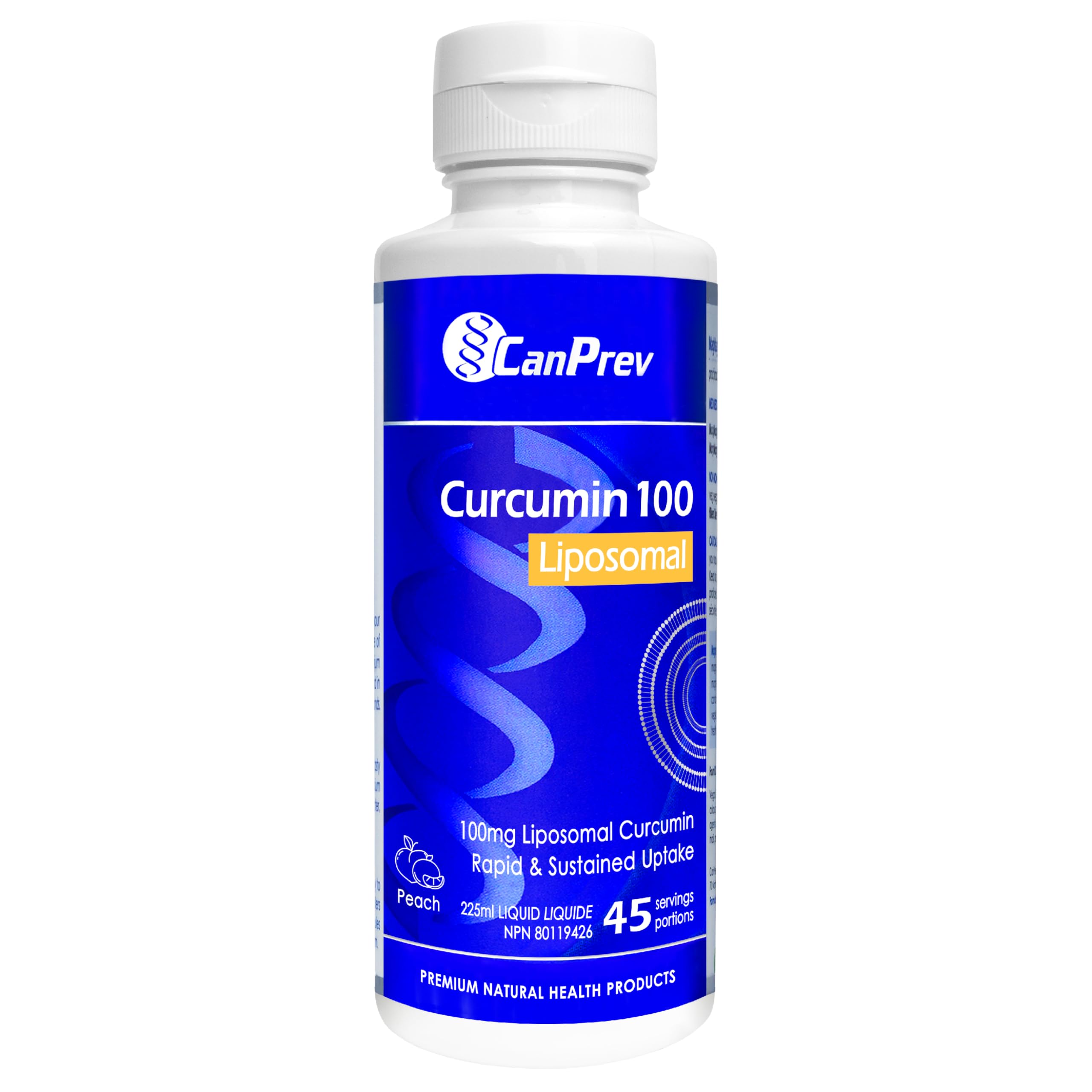CanPrev - Curcumin 100 Liposomal, 225ml Liquid 45-Servings - Vegan, Non-GMO & Gluten-Free - Provides Antioxidants - Rapid and Sustained Uptake - Joint Support - Delicious Peach Flavour