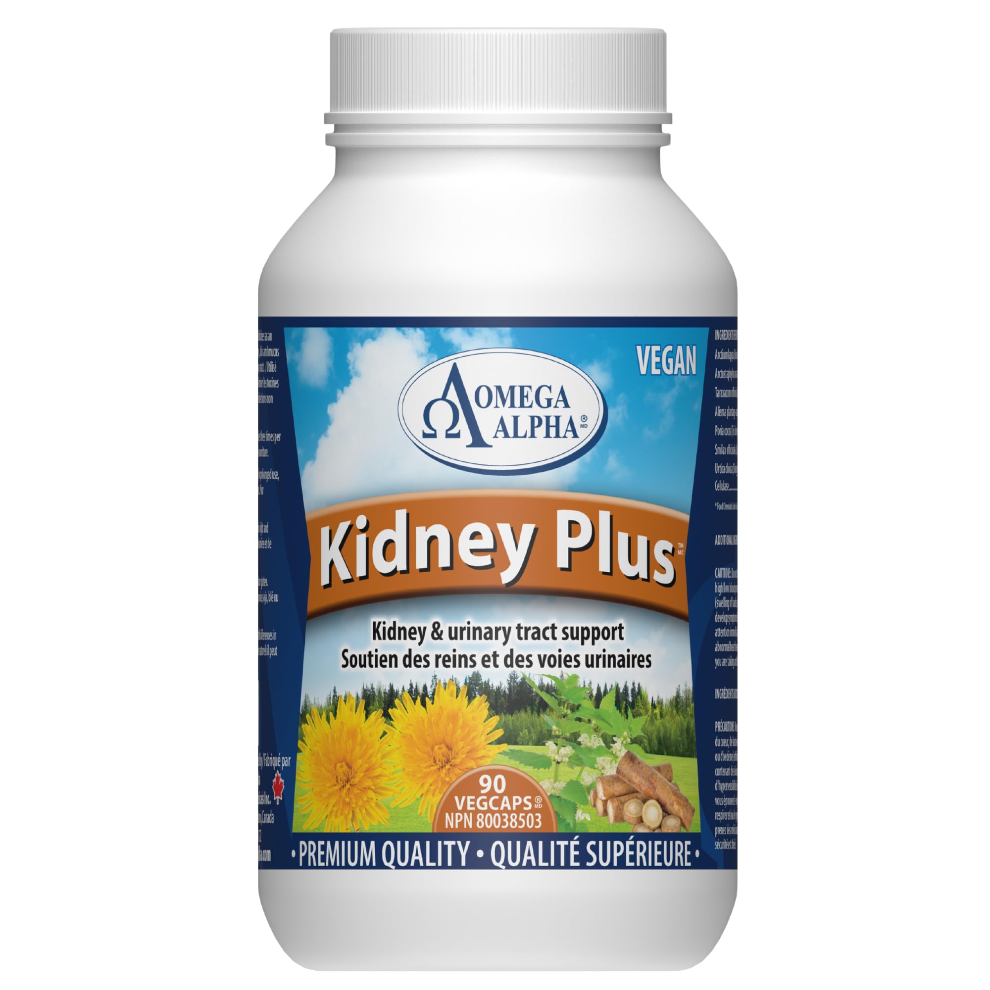 Omega Alpha Kidney Plus Formule à base de plantes pour la santé des reins, le soutien des voies urinaires et la fonction de la vessie avec bardane, pissenlit et busserole, 90 capsules végétales