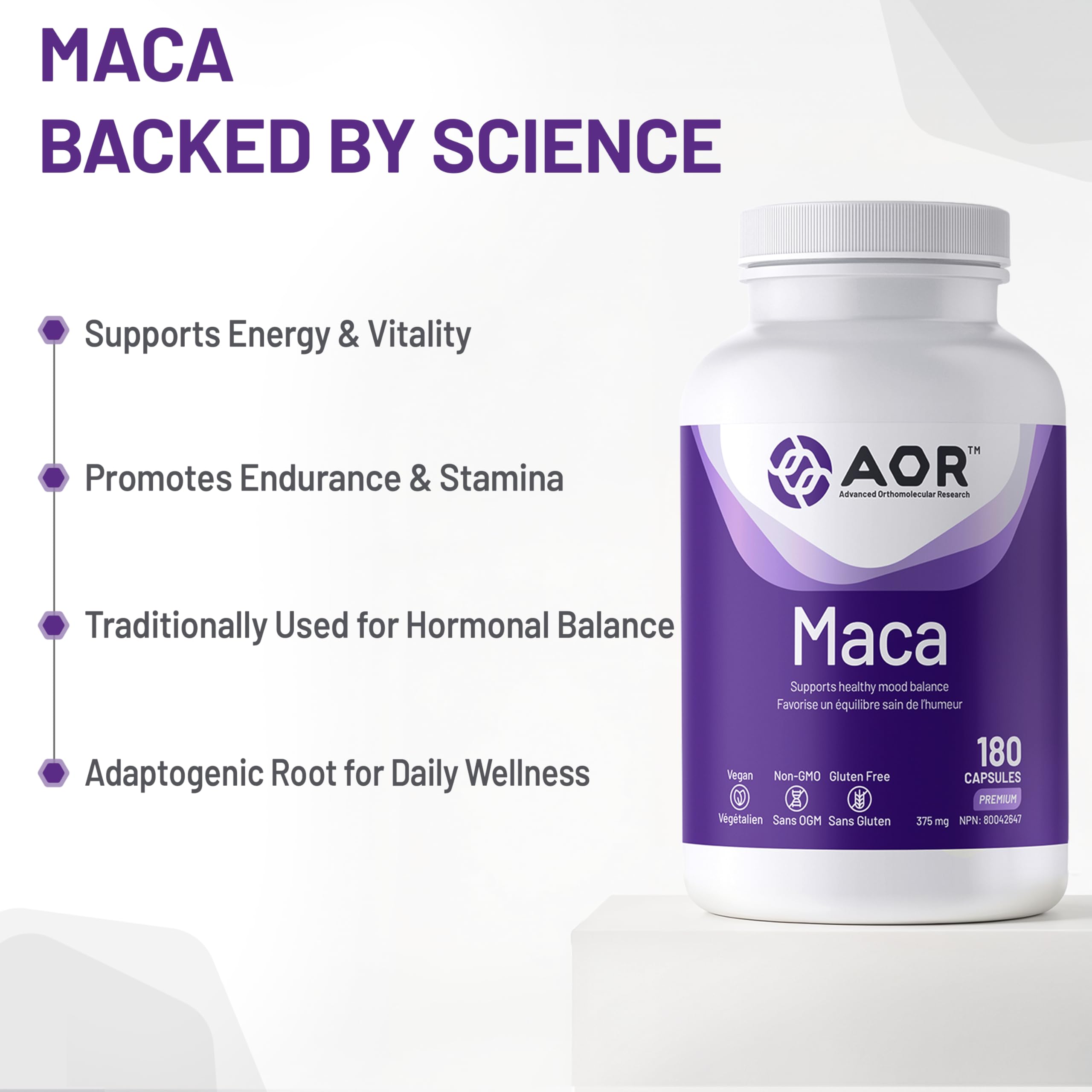 AOR Maca Root 375 mg, 180 capsules, 90 jours d'approvisionnement - Soutient l'énergie et la vitalité - Supplément d'extrait de racine de Maca, favorise une fonction hormonale équilibrée - Soutien ménopause et andropause - Végétalien, sans gluten