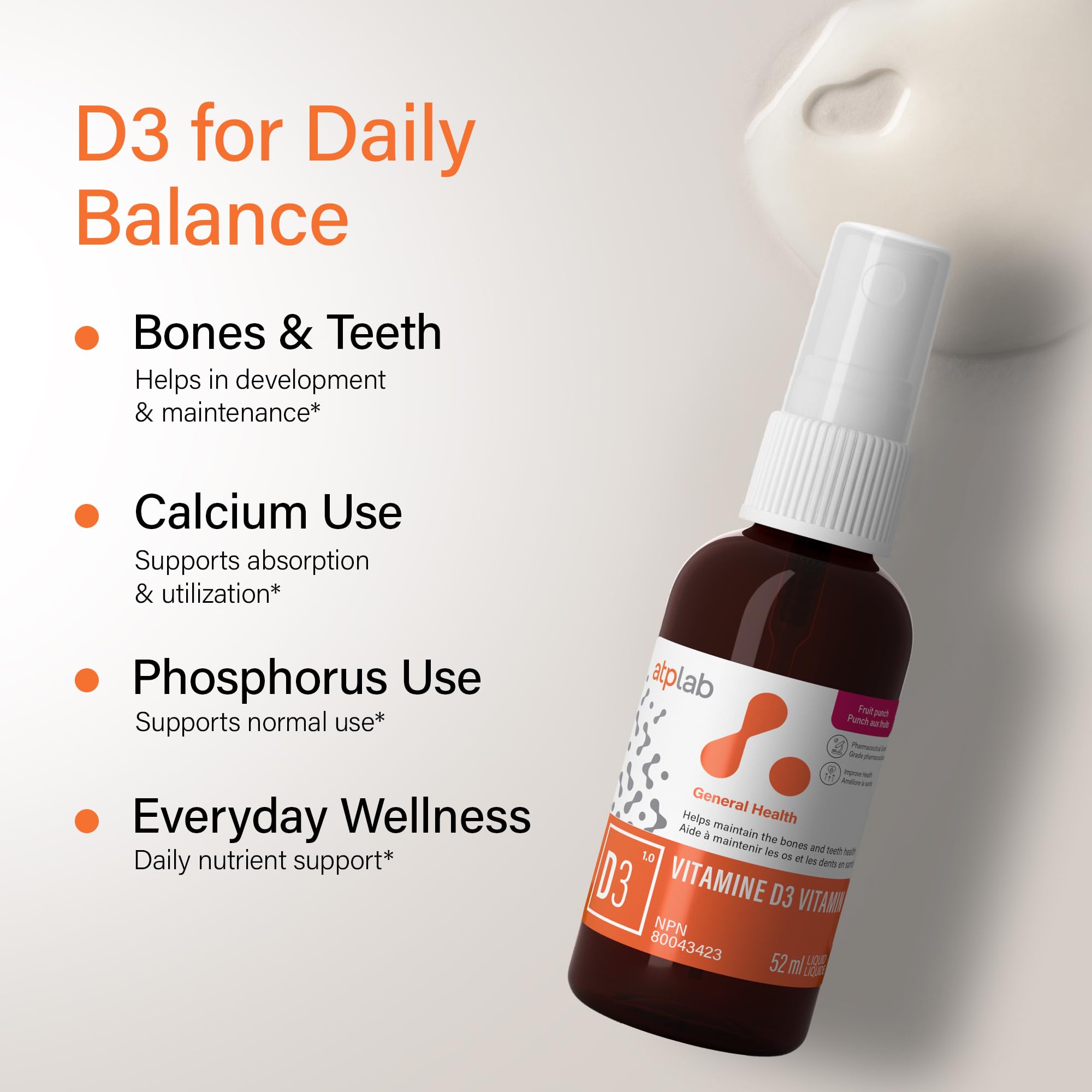 ATP LAB - Vitamine D3 1000 UI Spray Oral 52 ml 185 Portions - Supplément de Vitamine D3 pour la Santé des Os et des Dents - Spray de Vitamine D pour Adultes - Testé par une Tierce Partie - Formulé et Fabriqué au Canada