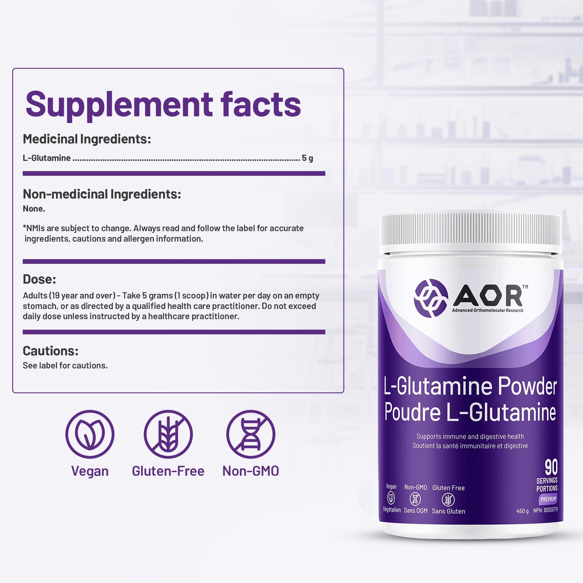 AOR L-Glutamine Powder 5000mg, 450g 90 Servings - L-Glutamine Supplement, Supports Digestive Comfort, Recovery & Overall Wellness, Vegan and Non-GMO, Trusted Choice Recommended by Professionals