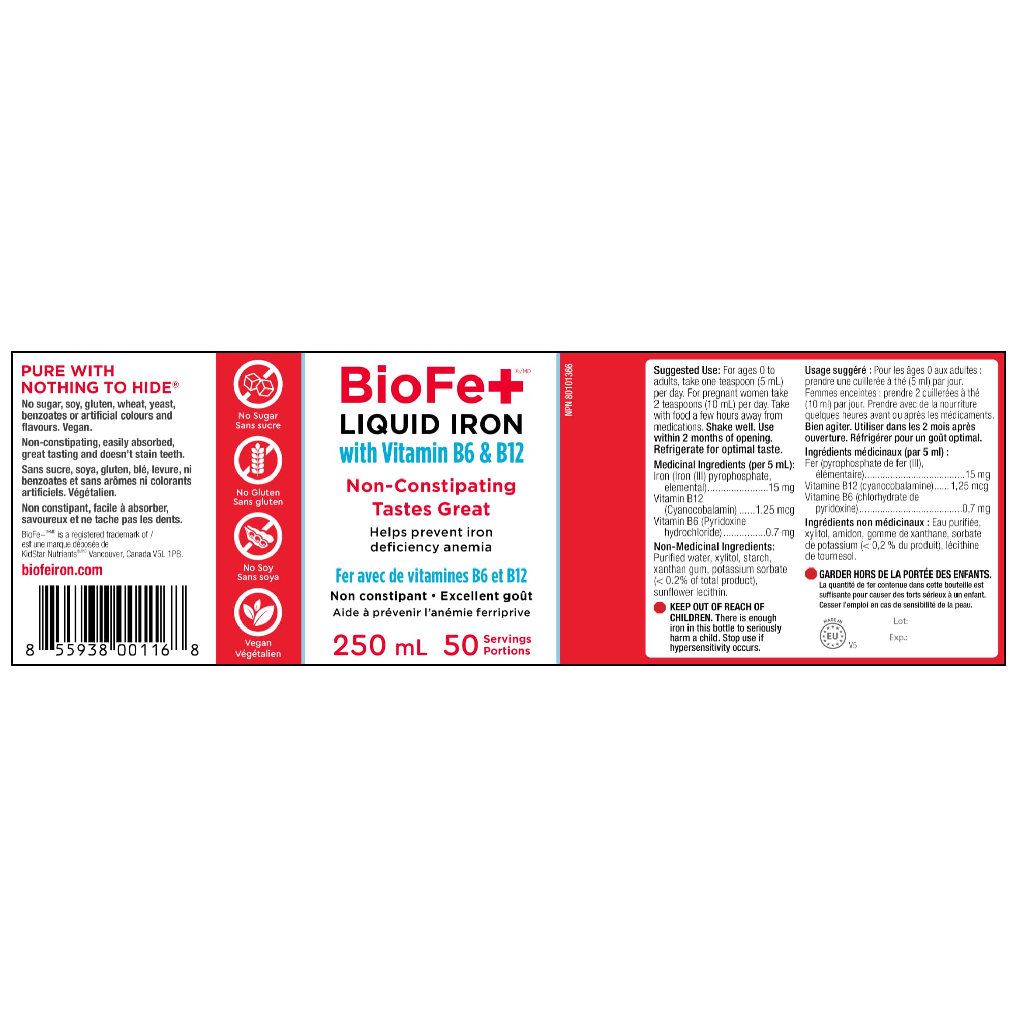 KidStar Nutrients - BioFe+ Liquid Iron with Vitamin B6 & B12 for the Family, 250ml 50-Servings - Sweet Blast Flavor - Helps to Prevent Iron Deficiency Anemia - Vegan, Non-GMO, Gluten-Free & Sugar-Free