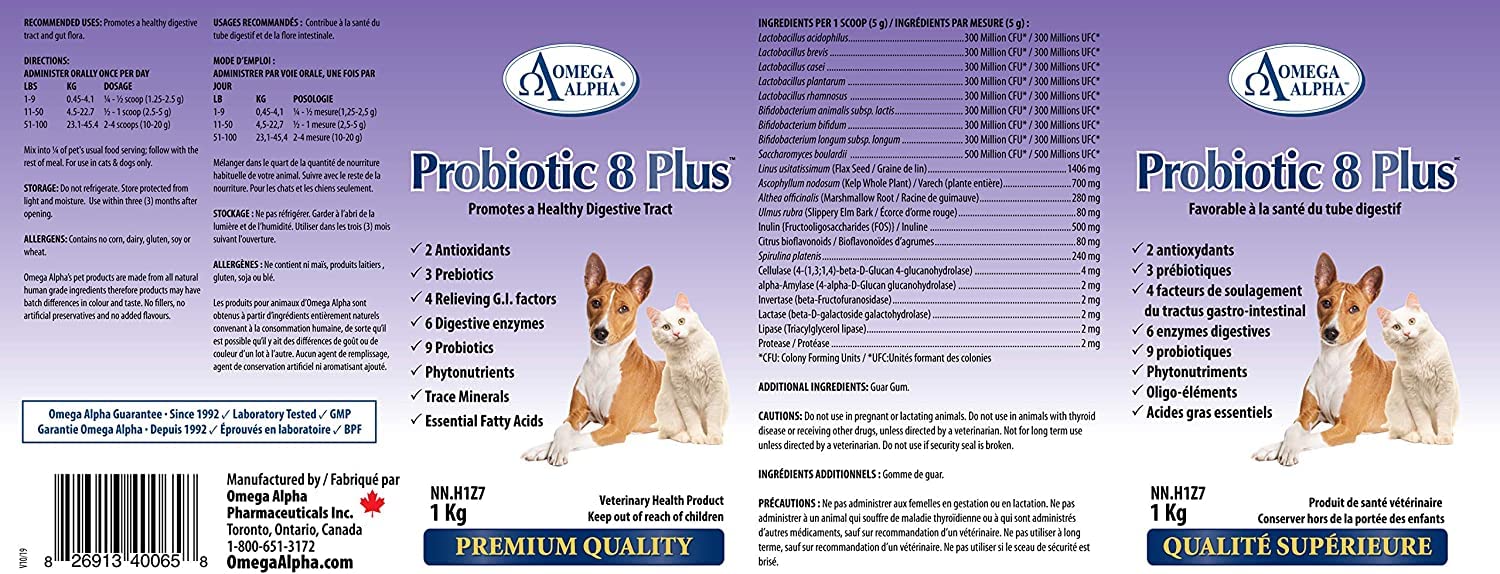 Omega Alpha Probiotic 8 Plus Poudre pour Chiens et Chats, Probiotiques pour Chiens - Soutient la Santé Intestinale, Améliore le Bien-être Digestif, la Santé des Yeux, des Dents et des Gencives, Formulé par des Vétérinaires, Fabriqué au Canada