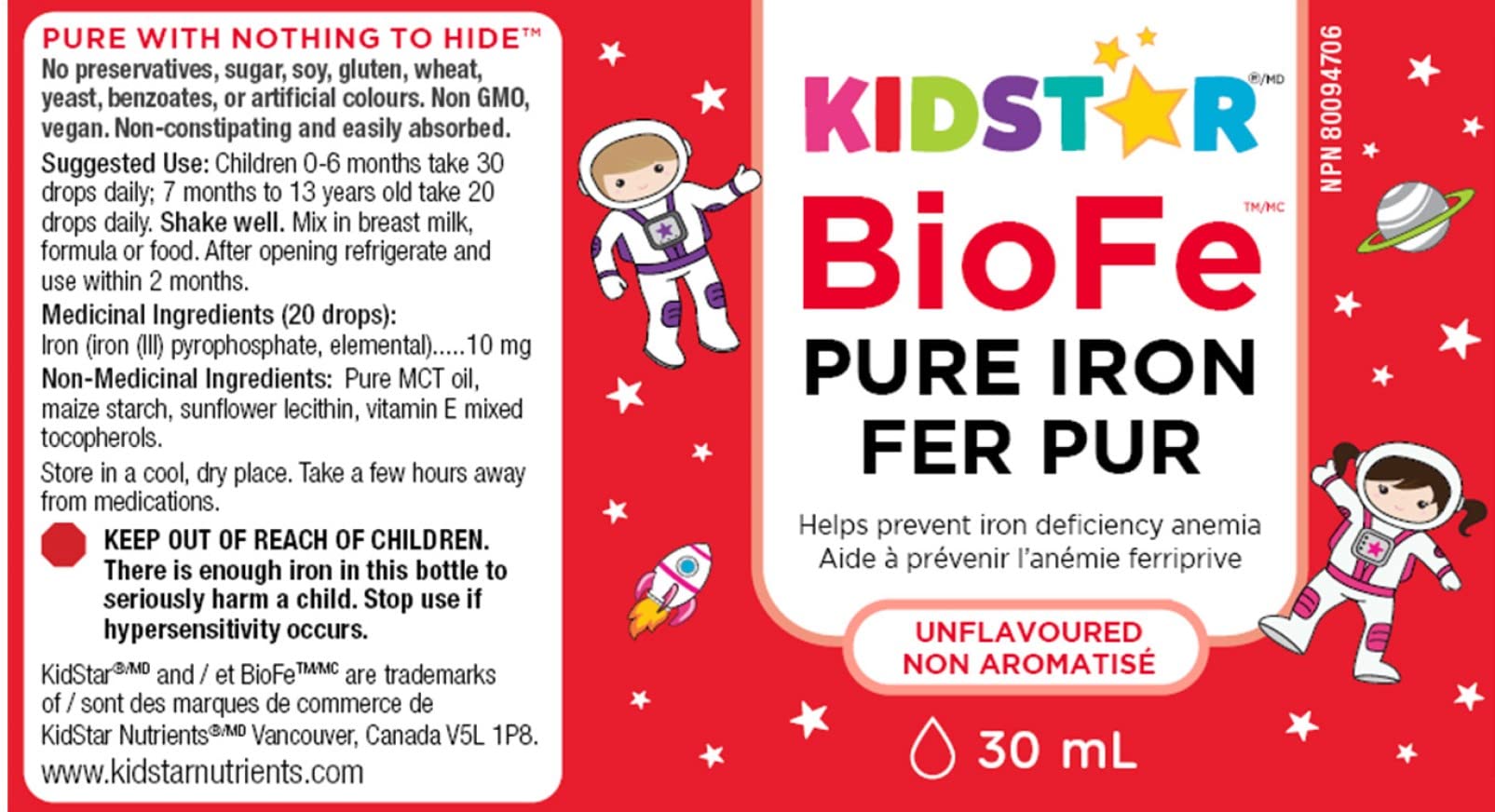 Kidstar Nutrients - BioFe Pure Iron Drops Unflavoured 30ml 50-Day Supply - Helps to Prevent Iron Deficiency Anemia - No Stomach Upset and Constipation - Vegan, Non-GMO, Gluten-Free and Sugar-Free