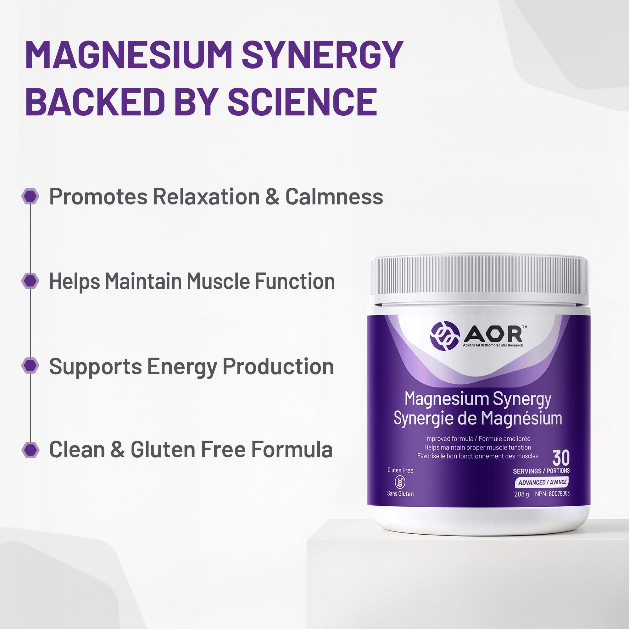 AOR Magnésium Synergy Poudre 208g 30 portions - Supplément de Magnésium Végétalien pour Hommes et Femmes - Soutient la Santé des Os, un Sommeil Réparateur et la Relaxation Musculaire - Facile à mélanger, Goût Citron sans Sucre, sans Gluten