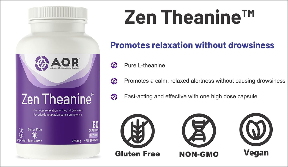 AOR Zen Theanine 225mg Capsules, Relaxation, Gluten Free, 60 Capsules