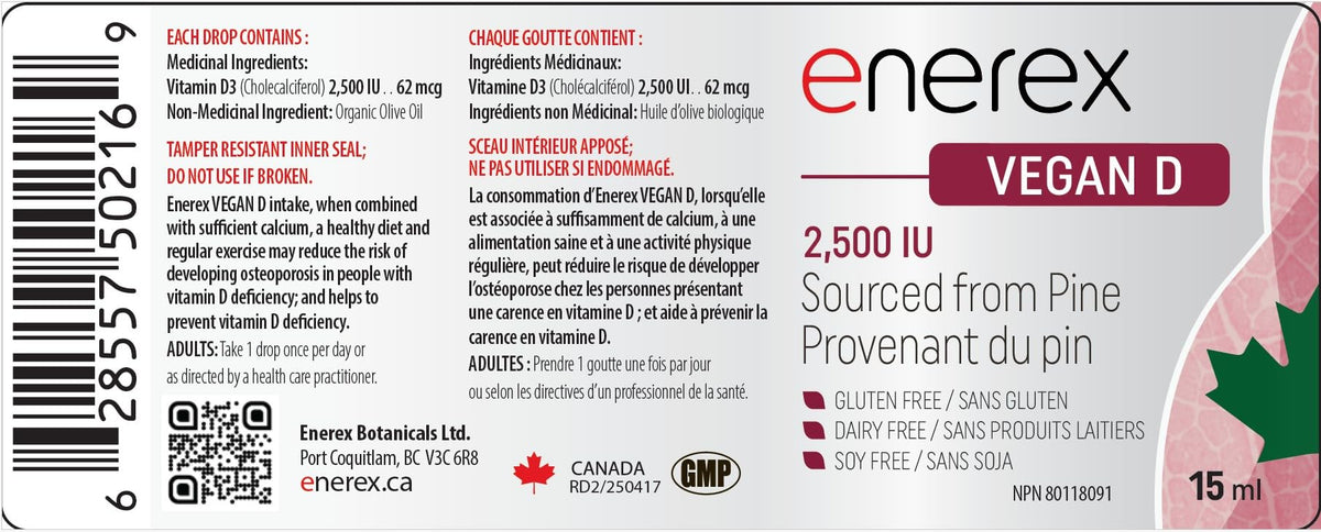 Enerex Vegan D3 2,500 IU – Plant-Based Vitamin D3 for Bone, Muscle, Immune, and “Sunshine Vitamin” Support