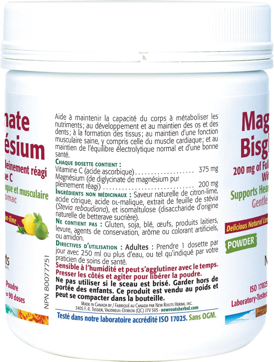 New Roots Herbal - Magnesium Bisglycinate Powder, Lime Flavor Drink Mix - Pure Magnesium Glycinate with Vitamin C for Sleep, Support Heart Health, Muscles Function, Bone & Metabolism