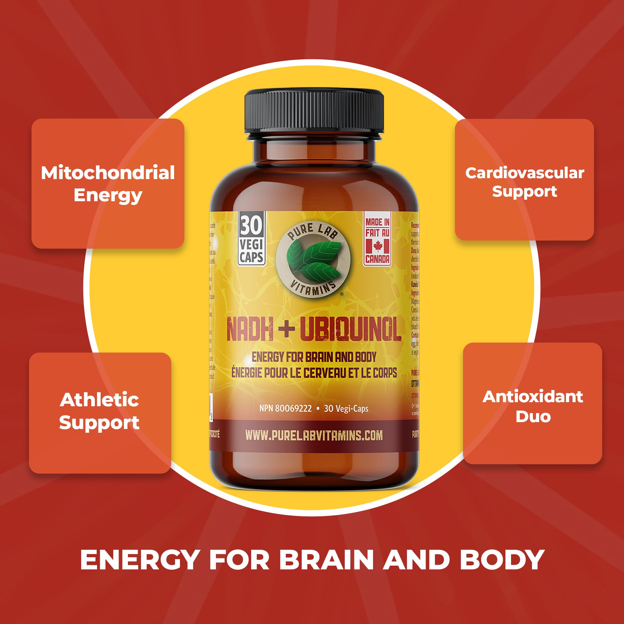 Pure Lab Vitamins | NADH Nicotinamide Adénine Dinucléotide + CoQ10 Ubiquinol
