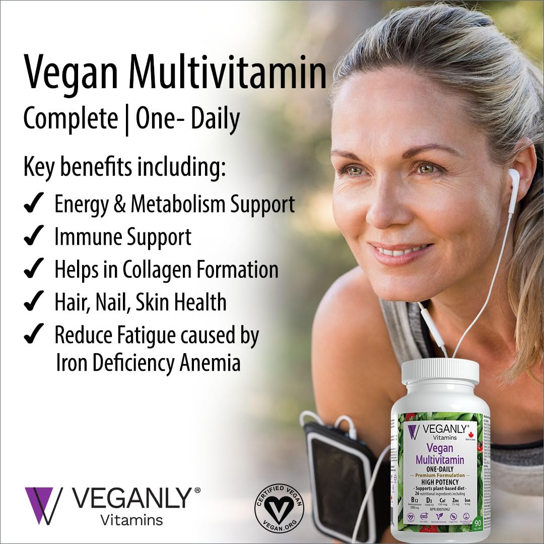 VEGANLY Vegan Multivitamin One-Daily for Plant-based Diets. Canadian. High potency in B12, D3, Calcium, Iron, Zinc & more. 90 veg. tablets. Best for vegans and vegetarians. (NPN 80076962)