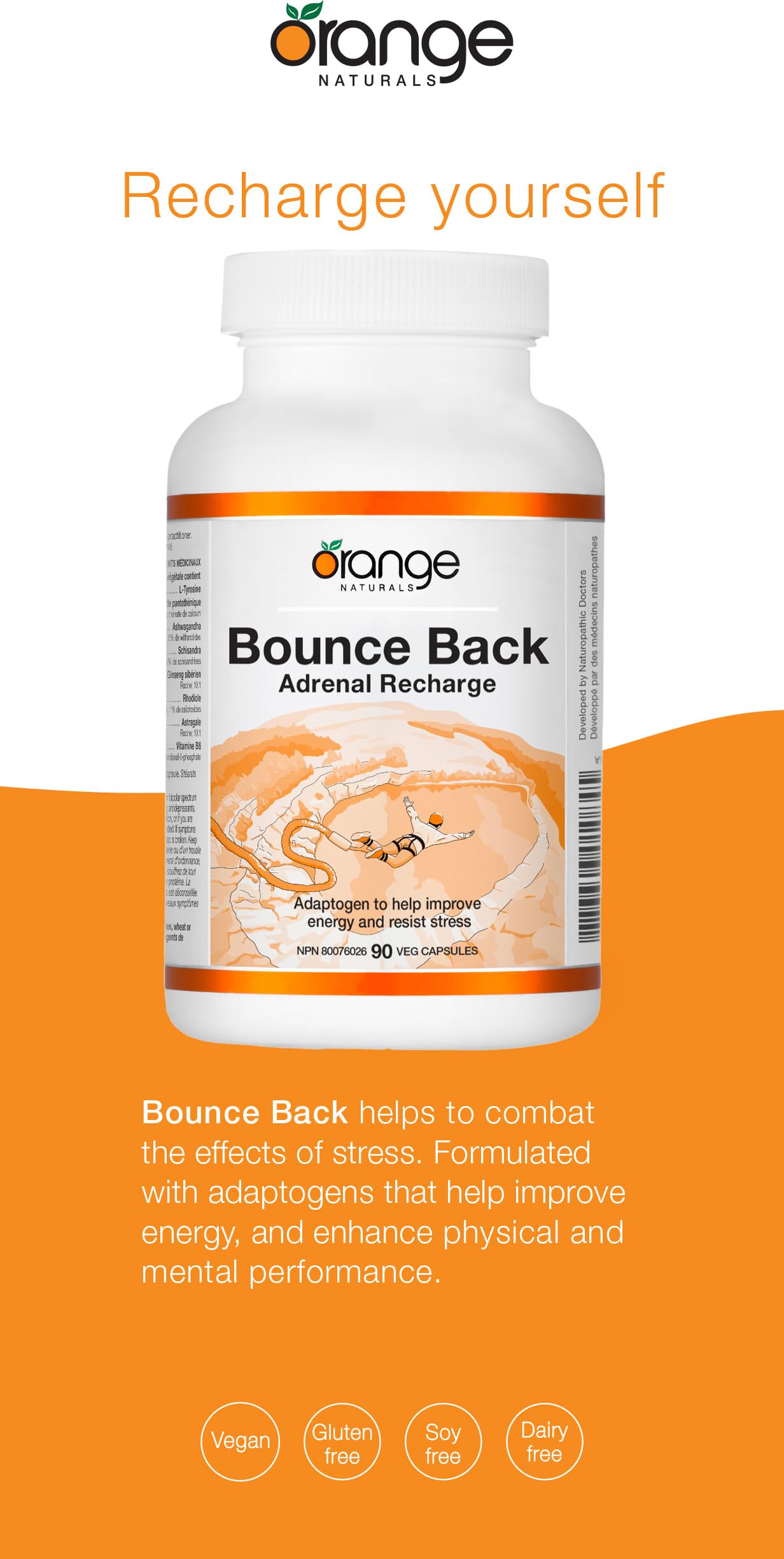 Orange Naturals - Bounce Back Adrenal Recharge, 90 Capsules 30-Day Supply - Adaptogens to Helps Improve Energy, Physical & Mental Performance, Promote Relaxation and Glandular Repair - Vegan & Non-GMO