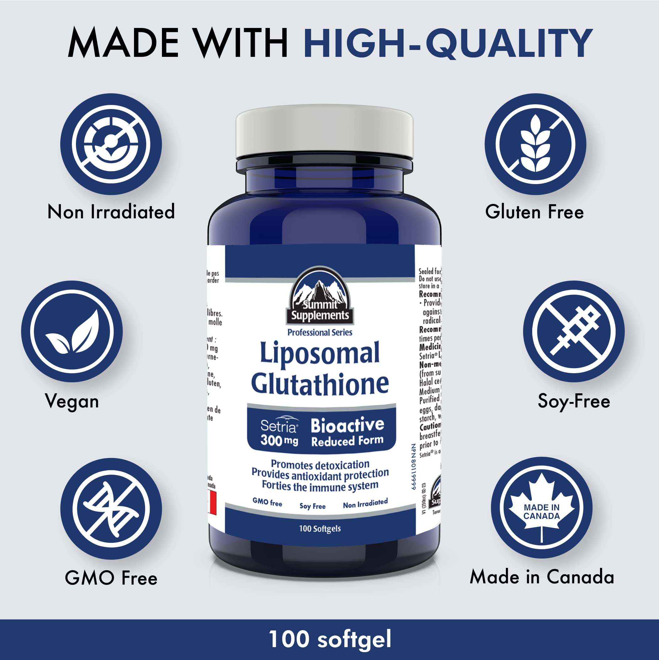 Glutathion Liposomal 300 mg, 100 gélules à enveloppe molle – 100 jours d'approvisionnement, Forme réduite Setria, Puissant antioxydant pour une peau éclatante, l'énergie et le bien-être, Sans OGM, Sans soja, Fièrement canadien, Bilan plastique négatif