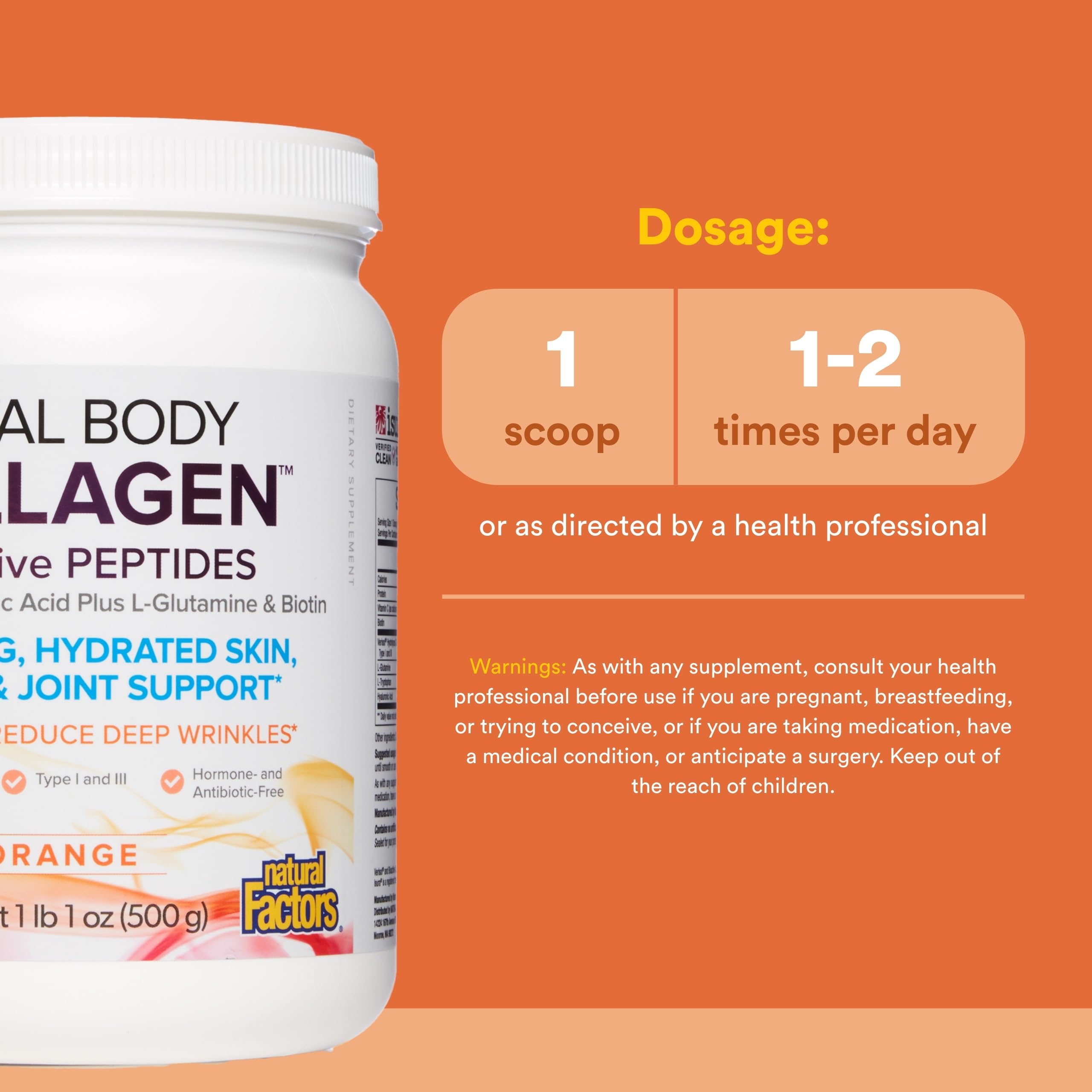 Total Body Collagen - Antiaging, Hydrated Skin, Muscle & Joint Recovery. 100% Complete Amino Acids with Hyaluronic Acid, Glutamine, and Biotin. Orange, 500g
