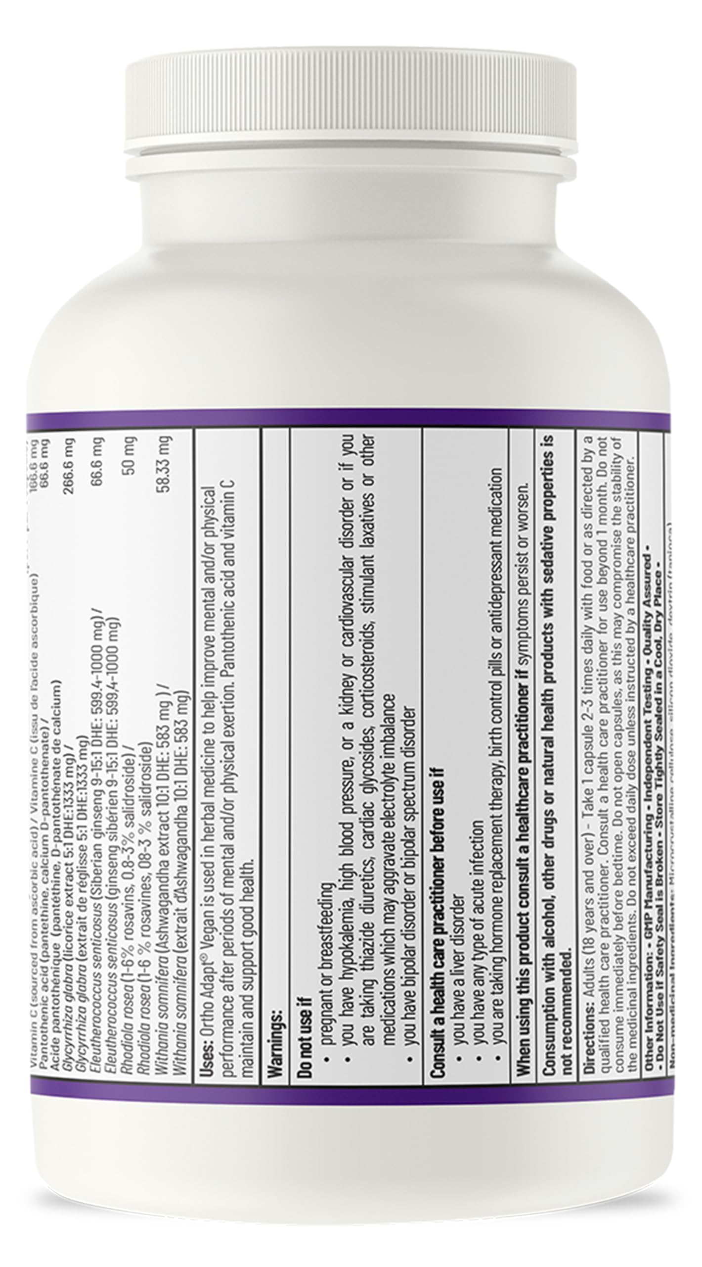 AOR Ortho Adapt Vegan 675mg, 90 gélules (45 jours) - Soutient l'énergie, contient de l'ashwagandha, de la rhodiola rosea, du ginseng sibérien et de la vitamine C - Adaptogènes pour améliorer les performances physiques et mentales