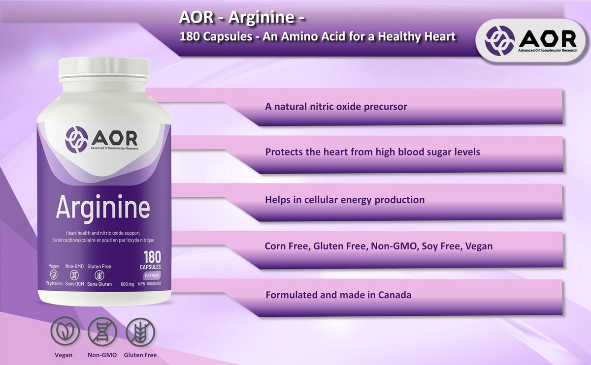 AOR Arginine HCl Capsules, 600 mg per Capsule, Vegan Formula, 180 Count